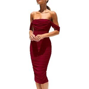 Wine Bardot Cowl Neck Ruched Midi Dress / US 0-2